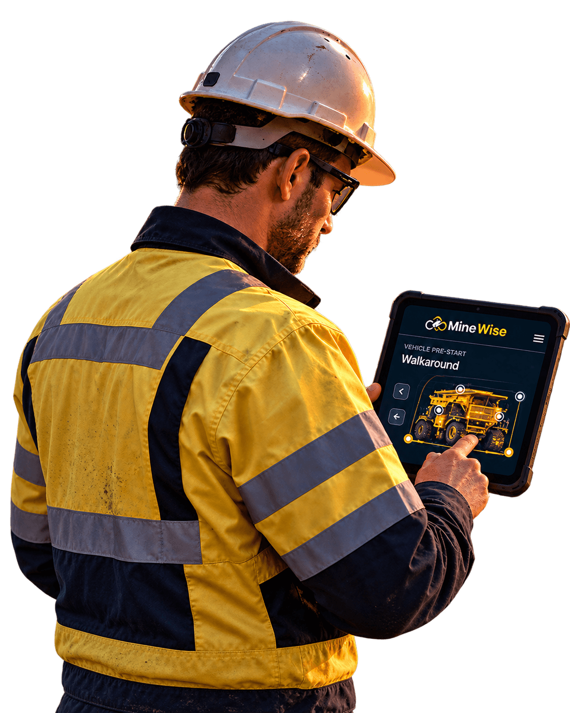 Mine worker using the MineWise app on a rugged tablet