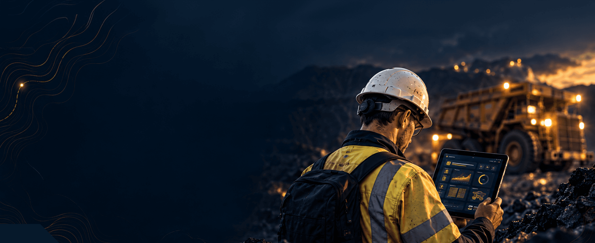Mine worker checking the MineWise app on a tablet beside a haul truck