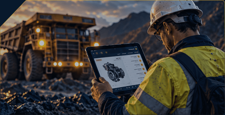 Worker checking an equipment reference on a tablet in front of a haul truck